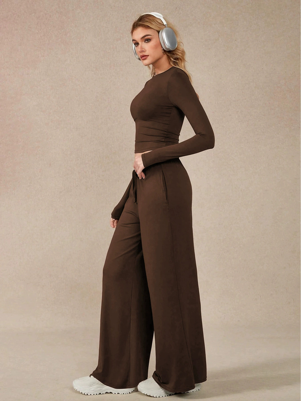 ZARA Relaxed Brown Long Sleeve Crop Top Wide Leg Pants 2-Piece Set - Picture 4 of 6